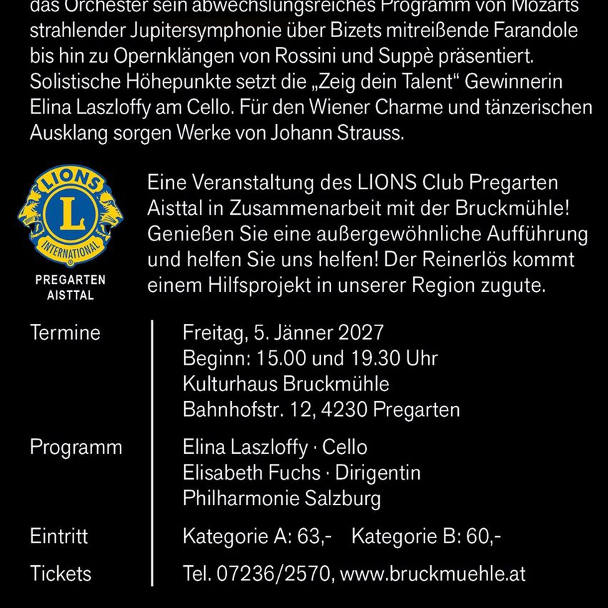 Veranstaltungsplakat für ein klassisches Musikkonzert mit dem Philharmonischen Orchester Salzburg und Solistin Elina Laszloffy, mit Informationen zum Programm, Datum und Ticketverkauf.