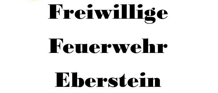 Das Bild zeigt das Logo der Freiwilligen Feuerwehr Eberstein, mit einem stilisierten Wappen, das einen Wildschwein und eine Flamme darstellt. Der Text 'Freiwillige Feuerwehr Eberstein' steht in fetten schwarzen Buchstaben.
