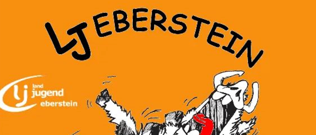 Ein orangefarbenes Poster mit einem Cartoon-Hund, der Text lautet 'Mit Eberstein lehren wir dich!' Der Hund scheint zu fallen, und der Hintergrund ist orange.