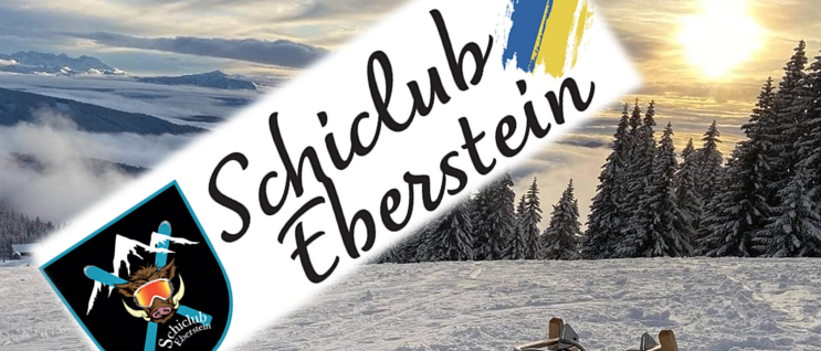 Eine verschneite Landschaft mit einem Schlitten, einem Gebirgszug und einem Sonnenuntergang im Hintergrund. Das Logo von Schiclub Eberstein ist auf weißem Hintergrund dargestellt.