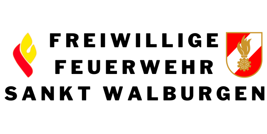 Logo der Freiwilligen Feuerwehr Bankt Walburge mit gelbem Flammensymbol und rotem Wappen mit Fackel.