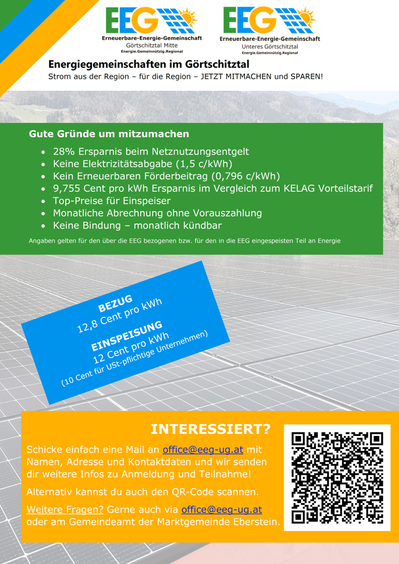 Eine Anzeige für Energieeinsparungen und Kostenreduzierungen. Vorteile umfassen 28% Einsparungen bei Stromrechnungen, keine Elektrizitätsabgabe, kein erneuerbarer Energien-Förderbeitrag, 9.755 Cent pro kWh Einsparung, Top-Preise für Stromsparer, monatliche Abrechnung ohne Vorauszahlung und keine Bindung - monatlich kündbar. Kontaktieren Sie office@eeg-ug.at für weitere Informationen.