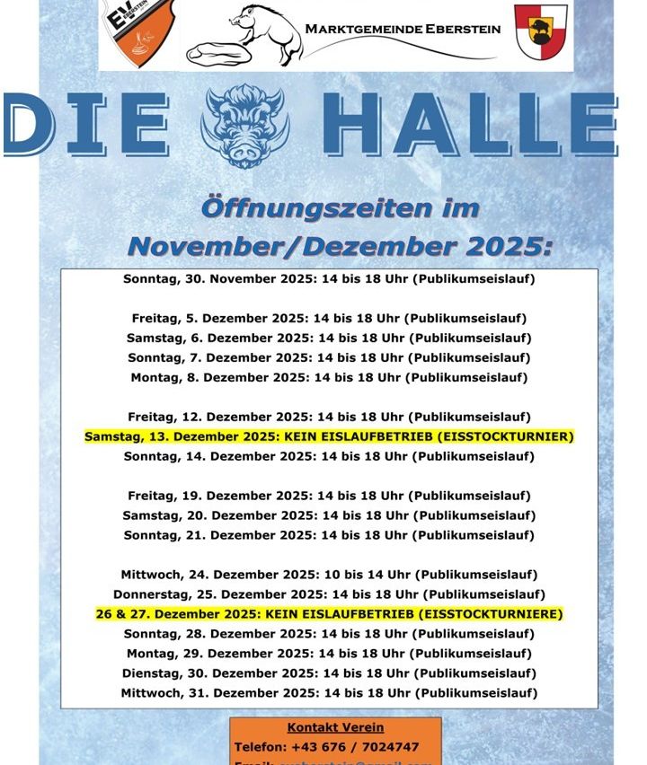 Ein Poster bewirbt Öffnungszeiten von 'Die Halle' im November/Dezember 2025. Es listet verschiedene Termine mit Öffnungszeiten von 14 bis 18 Uhr auf. An einigen Terminen ist kein Betrieb geplant.