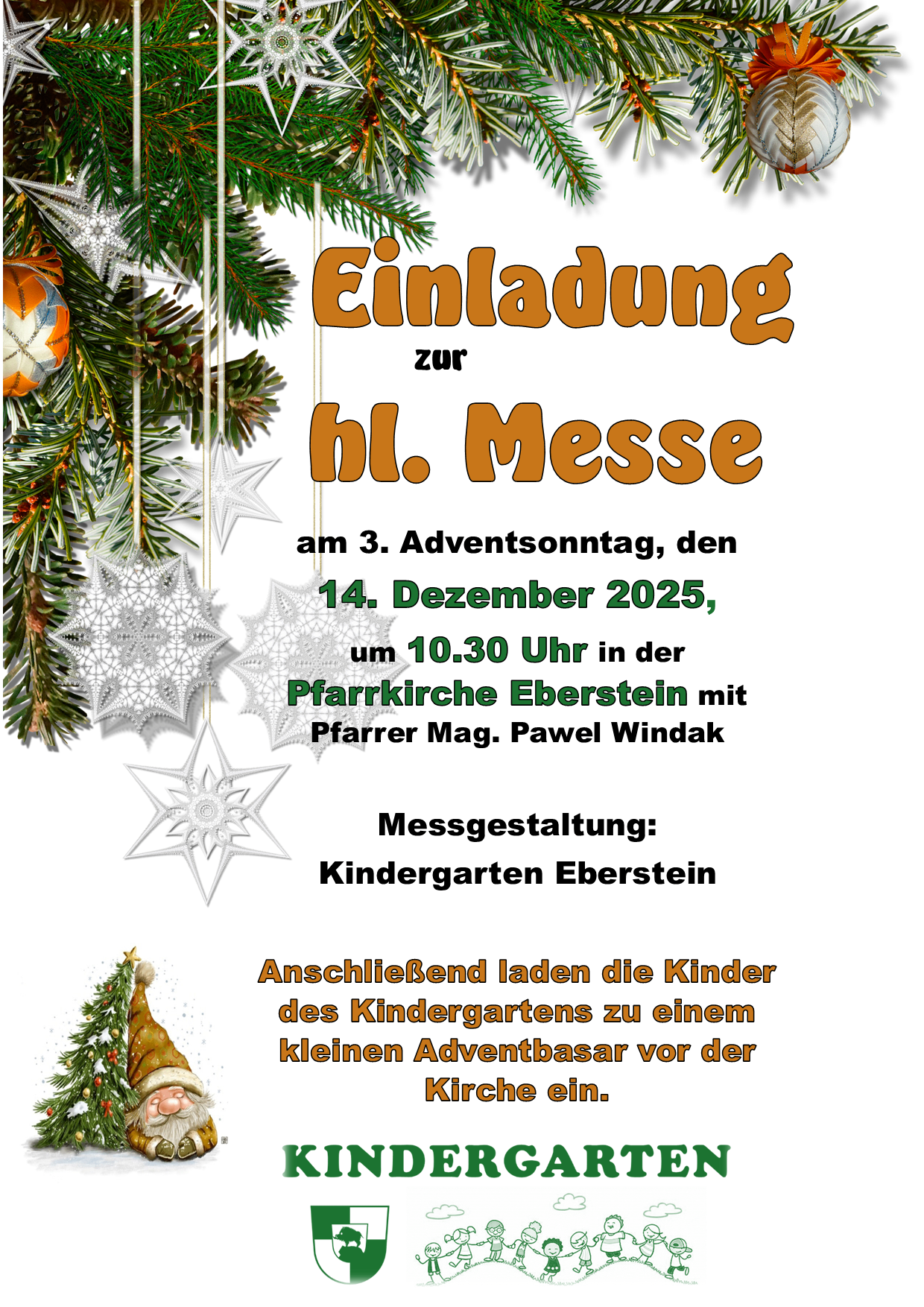 Plakat für eine Weihnachtsmesse am 14. Dezember 2025 um 10:30 Uhr in Eberstein. Vorgestellt vom Kindergarten Eberstein. Kinder werden nach der Messe zu einem kleinen Adventsbasar eingeladen.