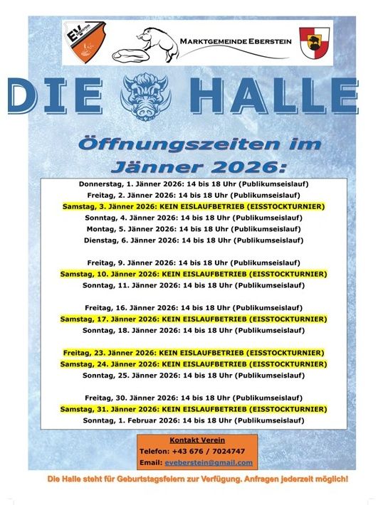Plakat der Gemeinde Eberstein verkündet die Öffnungszeiten für eine Halle im Januar 2026, wobei bestimmte Tage keinen Eislaufbetrieb haben. Kontaktinformationen sind angegeben.