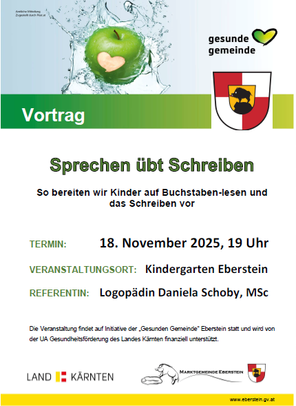 Plakat mit einem grünen Apfel mit Herzform und Wasserspritzer. Darunter steht 'Vortrag: Sprechen über Schreiben'. Datum und Uhrzeit '18. November 2025, 19 Uhr'. Der Veranstaltungsort ist Kindergarten Eberstein. Logo und Text darunter.
