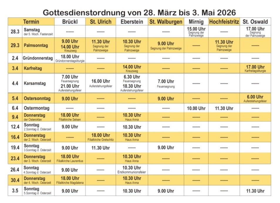 Gottesdienstordnung vom 28. März bis 3. Mai 2026. Beinhaltet verschiedene Zeiten und Orte für Gottesdienste, mit spezifischen Hinweisen für Palmsonntag und Ostersonntag.