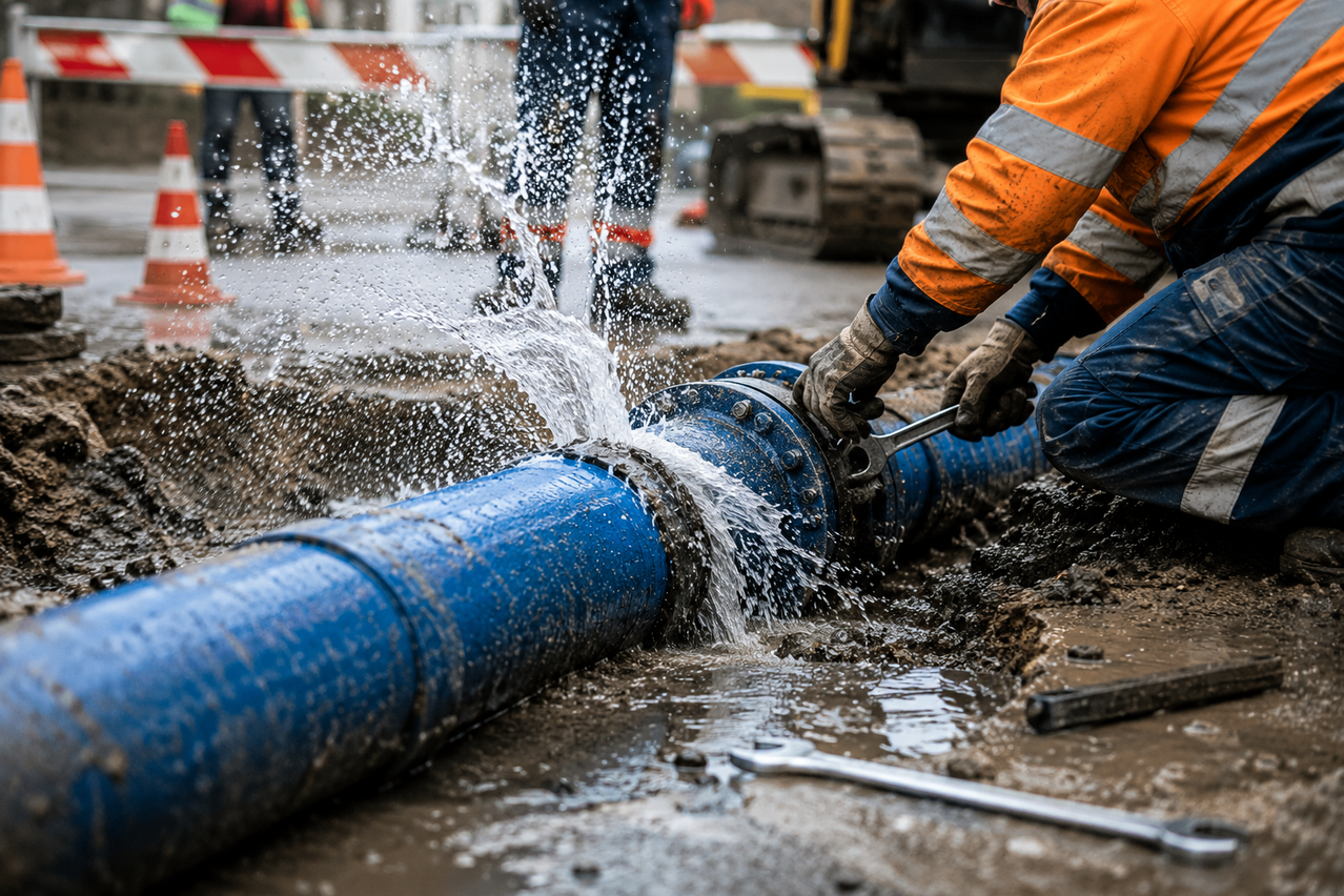 Ein Arbeiter arbeitet an einer blauen Rohrleitung, aus der Wasser spritzt. Ein weiterer Arbeiter steht hinter ihm, und ein Baufahrzeug ist im Hintergrund.