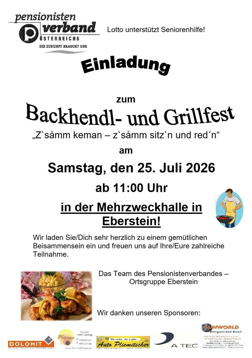 An invitation to a barbecue and grill festival in Eberstein on July 25, 2026, starting at 11:00 AM. The Pensioners' Association of Eberstein invites you to a cozy gathering.