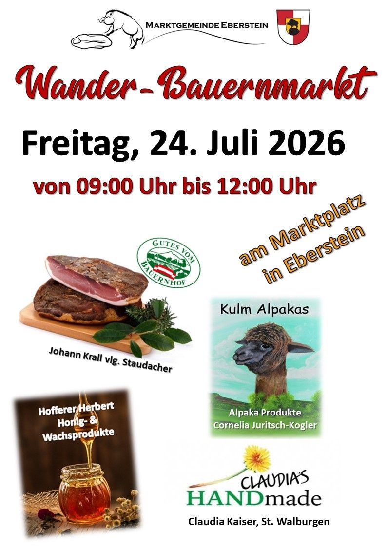 Poster for a farmers market event on July 24, 2026, featuring meat, herbs, and an alpaca. The event is held from 9:00 AM to 12:00 PM at the marketplace in Eberstein.