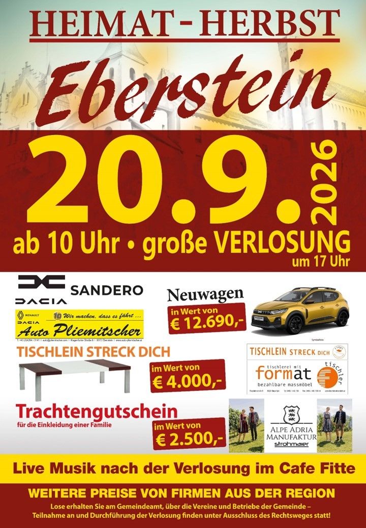 Ebenstein-Veranstaltungsplakat mit großer Verlustankündigung am 20. September 2026 von 10 Uhr bis 17 Uhr. Mit Dacia Sandero Neuwagen, Esstisch und Gutscheinen für Familienkleidung.