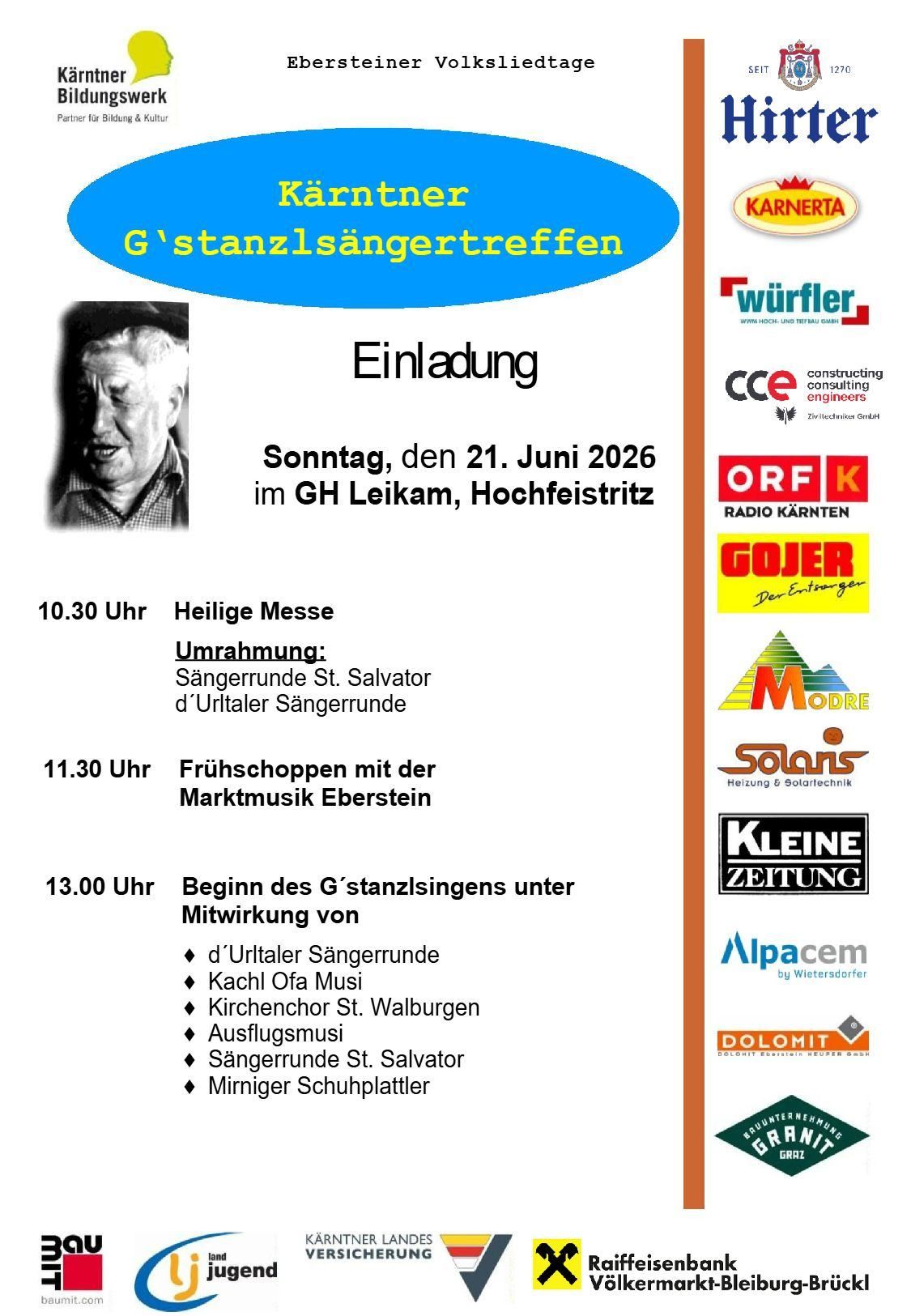 Veranstaltungsplakat für das G'stanzlsängertreffen am 21. Juni 2026 in GH Leikam, Hochfeistritz. Zeitplan umfasst eine Heilige Messe um 10:30 Uhr, eine Rundfahrt um den St. Salvator Chor um 11:30 Uhr und den Beginn des G'stanzlsingen um 13:00 Uhr.