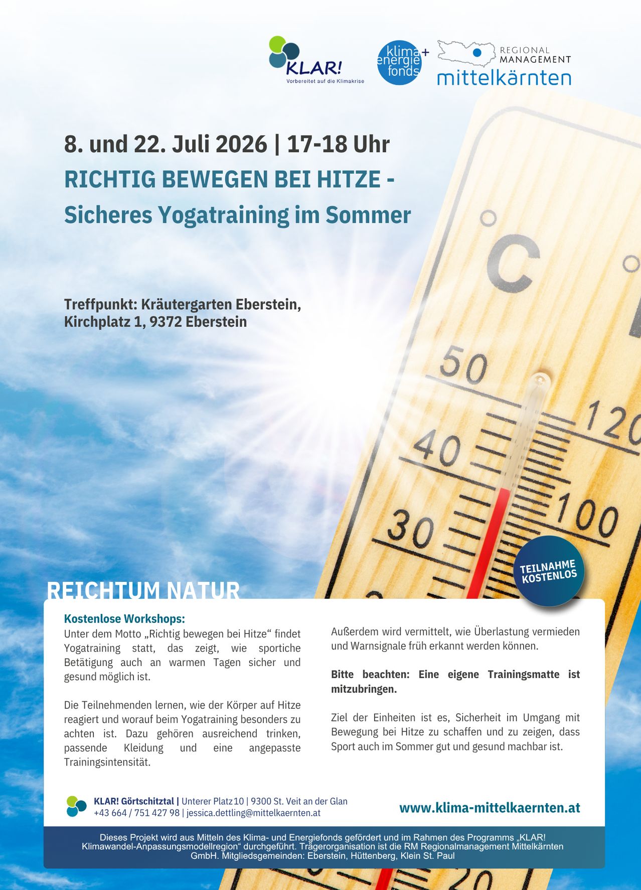 Poster for yoga training workshops on July 8 and 22, 2026, from 17-18 pm at Kräutergarten Eberstein. Focus on safe movement in summer heat.