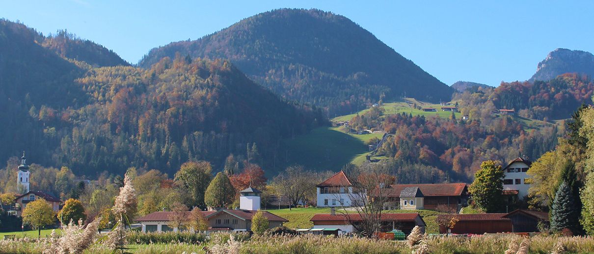Eine friedliche ländliche Szene mit üppigen grünen Feldern, Häusern und Bergen in der Ferne. Bäume in Herbstfarben säumen die Hügel.