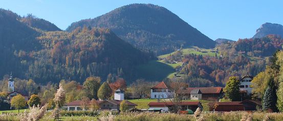 Eine friedliche ländliche Szene mit üppigen grünen Feldern, Häusern und Bergen in der Ferne. Bäume in Herbstfarben säumen die Hügel.