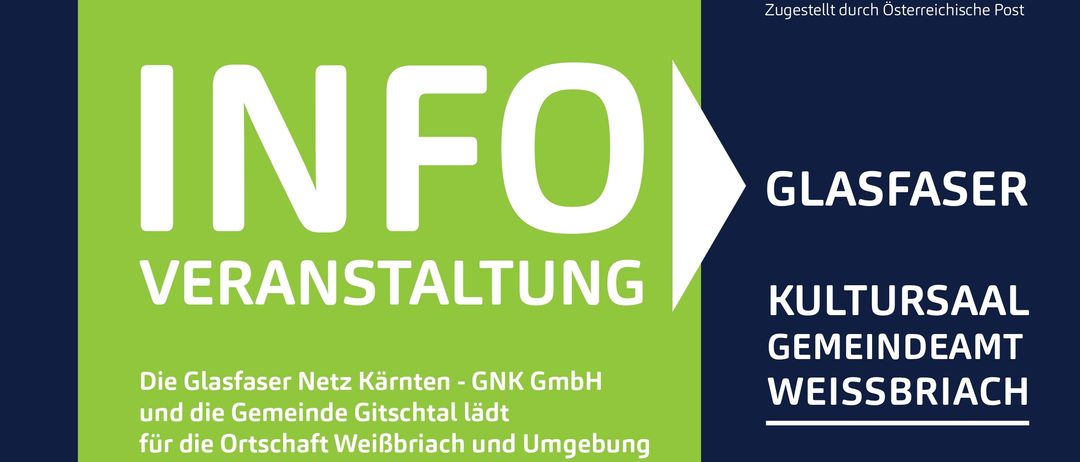 Plakat kündigt eine Glasfaser-Veranstaltung von Glasfaser Netz Karnten GNK GmbH an. Themen sind die Anbindung aller Gebäude im Fördergebiet, Internet-Zugangsoptionen, Kosten und Produktpräsentation. Die Veranstaltung ist am Donnerstag, 23.10.2025, um 19:00 Uhr.