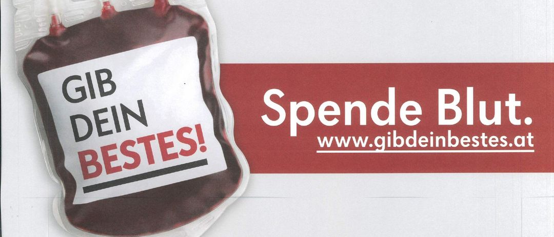 Ein Plakat ermutigt zur Blutspende mit dem Slogan 'Gib Dein Bestes!'. Es zeigt eine Blutbeutel und enthält eine Website für weitere Informationen. Der Termin ist für den 4. Dezember 2025 angesetzt.