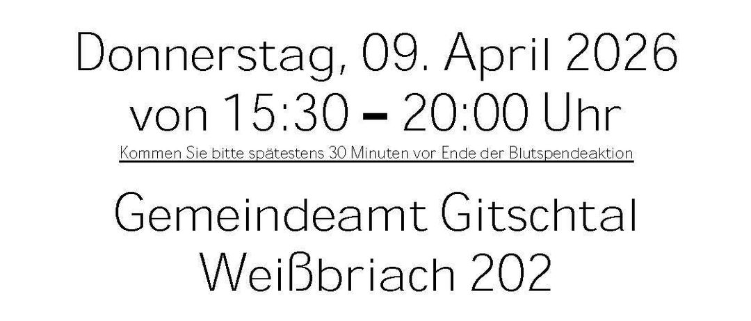 Eine Werbung für eine Blutspende-Veranstaltung, die eine Frau mit blondem Haar, einer Halskette mit dem Namen Lisa und einem roten Kreuz-Logo zeigt. Die Veranstaltung findet am Donnerstag, 9. April 2026, von 15:30 bis 20:00 Uhr im Gemeindeamt Gitschtal, Weißbriach 202 statt.