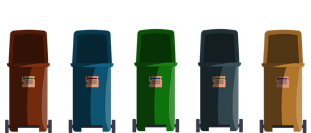 Fünf verschiedenfarbige Mülleimer stehen in einer Reihe, jeder mit einem Etikett an der Vorderseite.