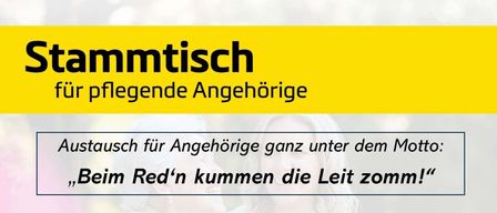 Plakat für Stammtisch für pflegende Angehörige. Es lädt alle pflegenden Angehörigen und Interessierten ein, an Austausch, Unterstützung und gegenseitiger Hilfe teilzunehmen. Datum: 06.05.2026, 17:30 Uhr. Ort: Gemeinde Gitschtal. Thema: Pflegegeld. Kontakt: Claudia Rathausky, 0664/1370 914.