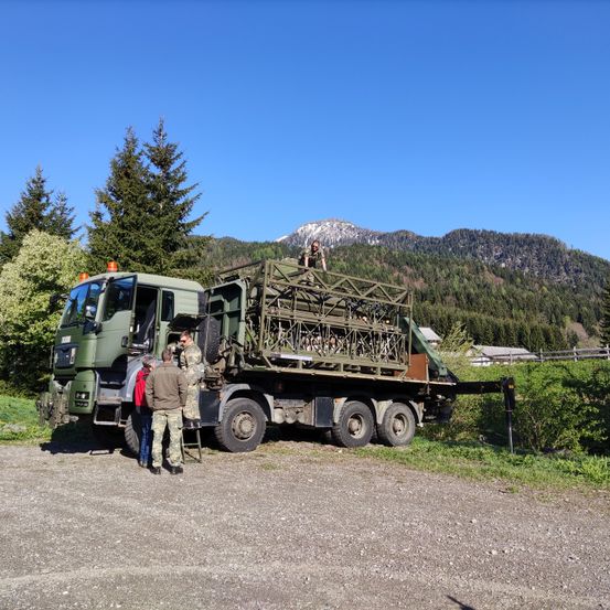 Bild enthält, Truck, Vehicle, Person, Shoe, Fir, Tree, Road, Flat Bed Truck