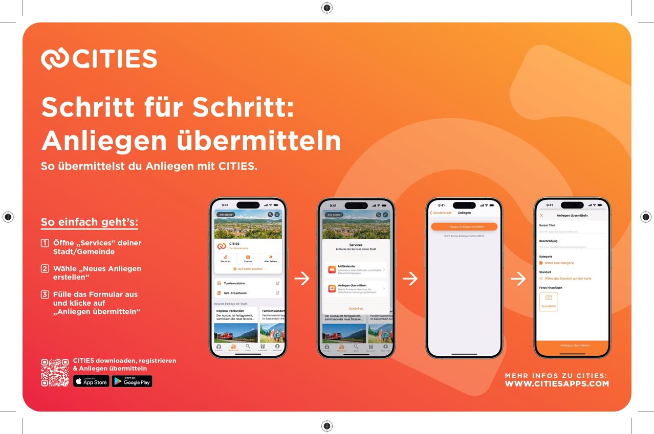 Drei Bildschirme einer mobilen App werden gezeigt. Jeder Bildschirm hat verschiedene Funktionen. Die App ist bei Google Play verfügbar. Mehr Informationen gibt es auf www.cities.