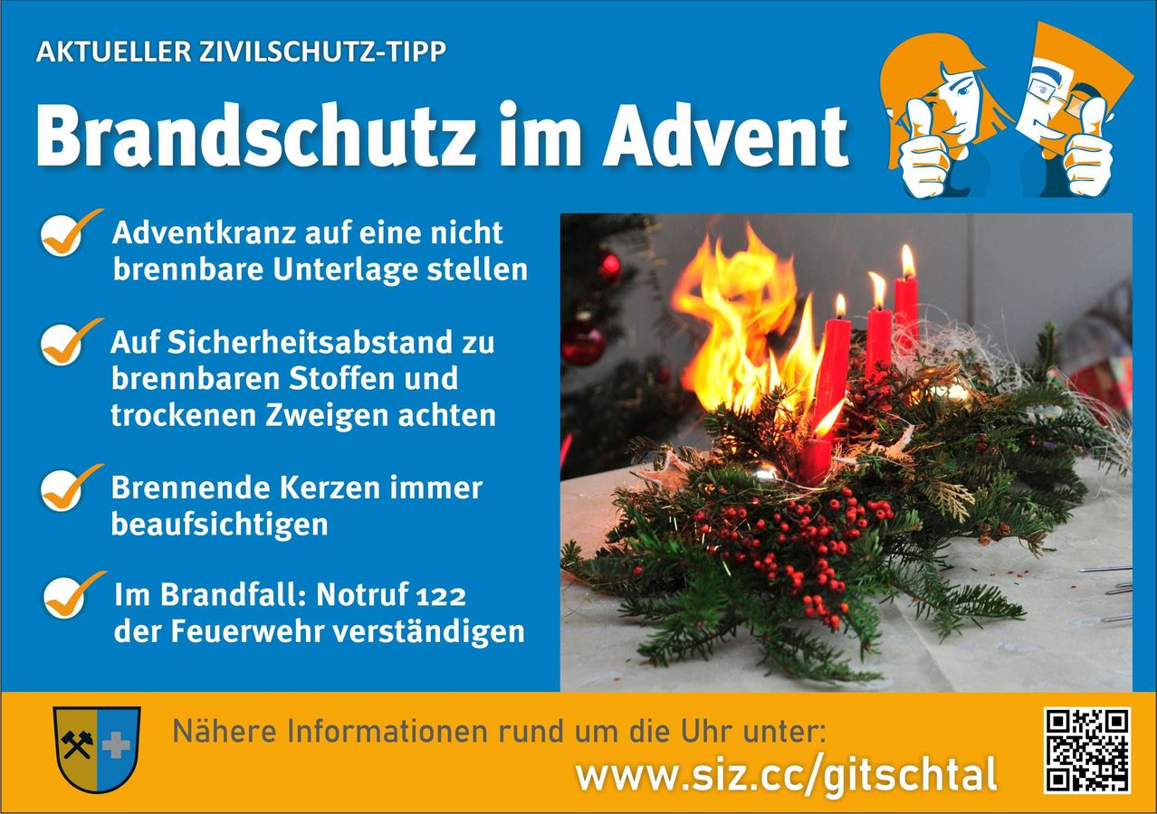 Sicherheitstipp im Advent: Kranke Menschen auf eine nicht brennbare Unterlage stellen, Sicherheitsabstand zu brennenden Gegenständen einhalten und Zweige im Auge behalten. Immer brennende Kerzen im Blick behalten. Bei Brand 122 wählen. Weitere Informationen rund um die Uhr unter: www.siz.cc/gitschat.