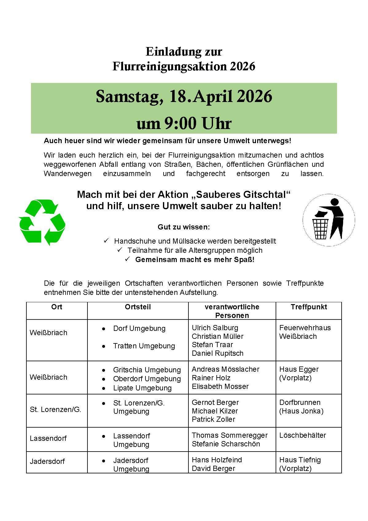 Ein Flyer für eine Samstag, 18. April 2026, Aktion um 9:00 Uhr. Details über die Aktion, verantwortliche Personen und Treffpunkte sind enthalten.