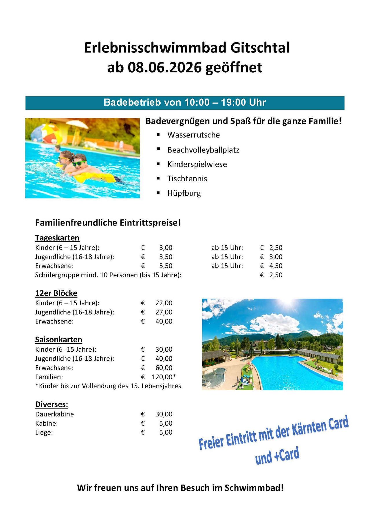 Das Bild zeigt die Eintrittspreise für eine Schwimmanlage, einschließlich Tageskarten, 12-Stunden-Tickets und Saisonkarten sowie zusätzliche Gebühren für Schließfächer und Kabinen.