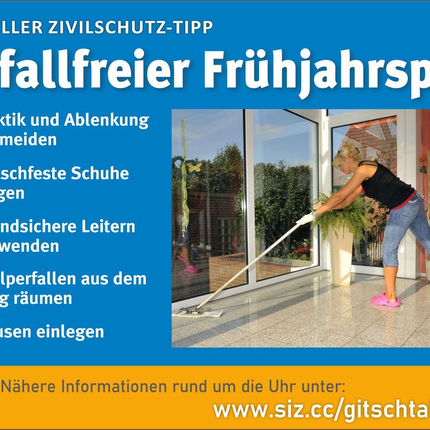 Ein Werbeposter für Zivilschutz-Tipps zur Vermeidung von Stürzen im Frühling. Es zeigt eine Frau, die einen Boden reinigt, und listet Tipps wie das Tragen von rutschfesten Schuhen und die Verwendung sicherer Handläufe auf.