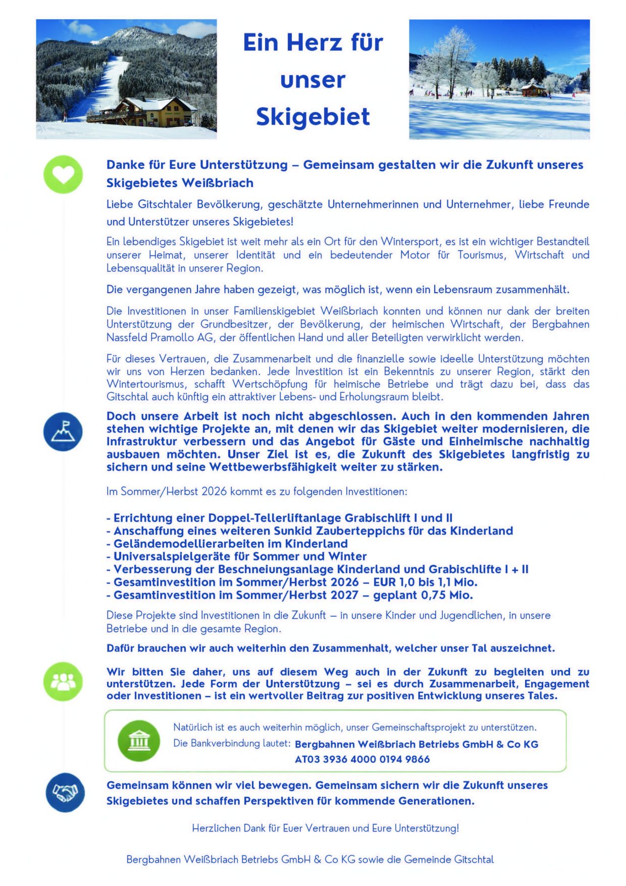 Ein Dokument mit Text auf Deutsch über die Zukunft des Skigebiets Weissbriach, das die Unterstützer dankt und zukünftige Investitionen auflistet.