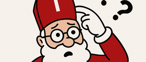 Eine Karikatur von Santa Claus mit einem roten Hut, einer Brille und einem weißen Bart, der einen roten Umhang trägt. Er hält seinen Kopf mit der rechten Hand und sieht verwirrt aus.