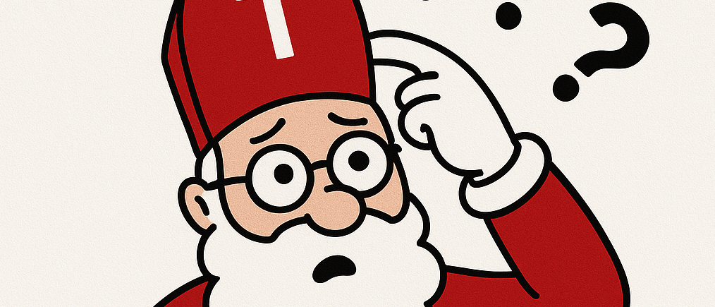 Eine Karikatur von Santa Claus mit einem roten Hut, einer Brille und einem weißen Bart, der einen roten Umhang trägt. Er hält seinen Kopf mit der rechten Hand und sieht verwirrt aus.