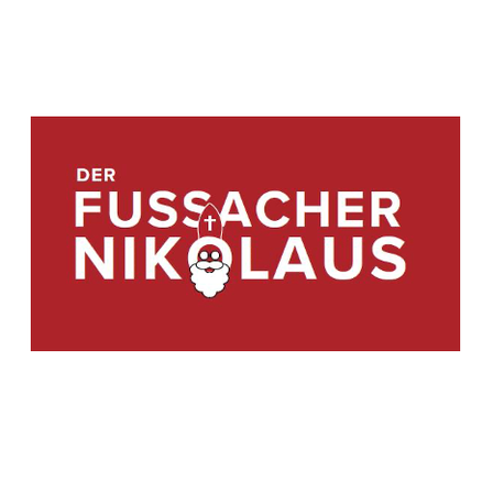 Das Logo von Der Fussacher Nikolaus mit einem Weihnachtsmann-Kopf und einem roten Kreuz in der Mitte, auf rotem Hintergrund dargestellt.