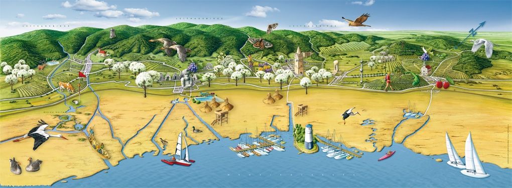 Eine landschaftliche Karte zeigt eine Küstenlandschaft mit Bergen, einem Fluss, einem Leuchtturm und Booten. Es zeigt einen Strand, Bäume und verschiedene Wildtiere.