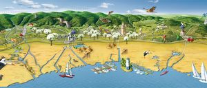 Eine landschaftliche Karte zeigt eine Küstenlandschaft mit Bergen, einem Fluss, einem Leuchtturm und Booten. Es zeigt einen Strand, Bäume und verschiedene Wildtiere.