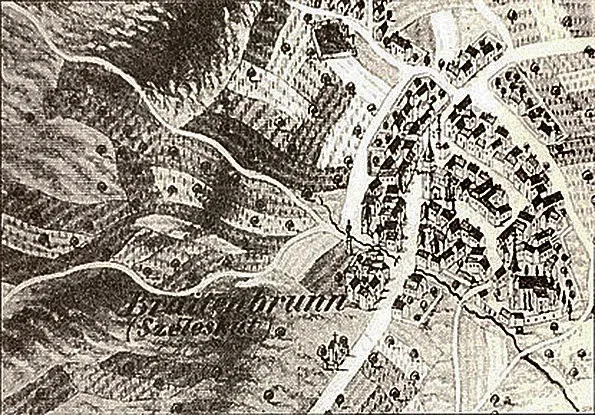 Eine alte Karte, die eine Stadt mit Gebäuden, Straßen und einem Fluss zeigt. Die Karte ist in Schwarz-Weiß.