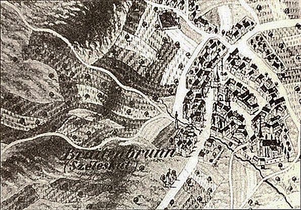 Eine alte Karte, die eine Stadt mit Gebäuden, Straßen und einem Fluss zeigt. Die Karte ist in Schwarz-Weiß.