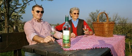 Zwei ältere Personen sitzen an einem Tisch im Freien mit Weingläsern und einer Flasche. Ein Korb steht auf dem Tisch, und sie sind von blühenden Bäumen umgeben.