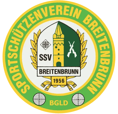 Das kreisförmige Logo des SSV Breitenbrunn, gegründet 1956, zeigt einen grünen Schild mit Turm, Gewehr und Lorbeerkranz, umgeben von einem gelben Rand. Der Text lautet 'SSV BREITENBRUNN' und 'BGLD'.