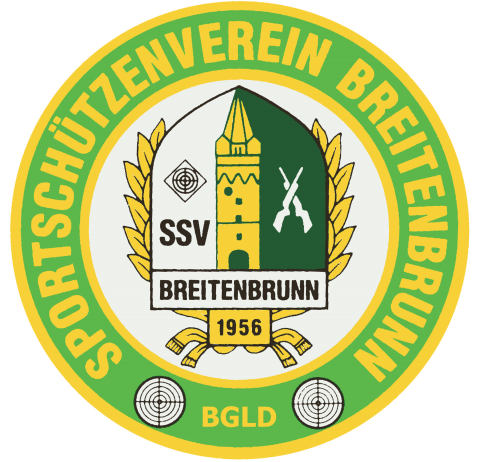 Das kreisförmige Logo des SSV Breitenbrunn, gegründet 1956, zeigt einen grünen Schild mit Turm, Gewehr und Lorbeerkranz, umgeben von einem gelben Rand. Der Text lautet 'SSV BREITENBRUNN' und 'BGLD'.