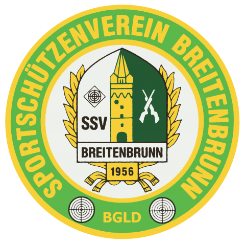 Das kreisförmige Logo des SSV Breitenbrunn, gegründet 1956, zeigt einen grünen Schild mit Turm, Gewehr und Lorbeerkranz, umgeben von einem gelben Rand. Der Text lautet 'SSV BREITENBRUNN' und 'BGLD'.