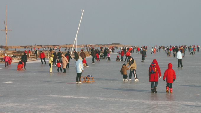 Viele Menschen skaten auf einer Eisbahn. Einige sind in Winterkleidung gekleidet und einige tragen Kinder. Im Hintergrund befinden sich Gebäude und ein Boot.