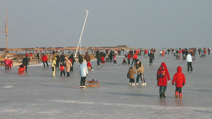 Viele Menschen skaten auf einer Eisbahn. Einige sind in Winterkleidung gekleidet und einige tragen Kinder. Im Hintergrund befinden sich Gebäude und ein Boot.