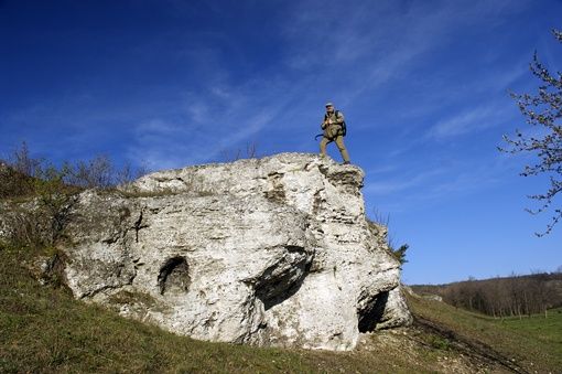 Eine Person steht auf einer großen Felsformation mit einem klaren blauen Himmel und einigen Bäumen im Hintergrund.
