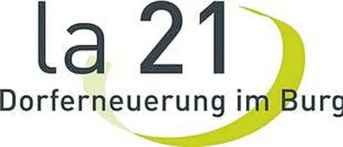Das Logo für 'la 21 Dorferneuerung im Burgenland' mit einer stilisierten 21 und einer grünen Kurve.