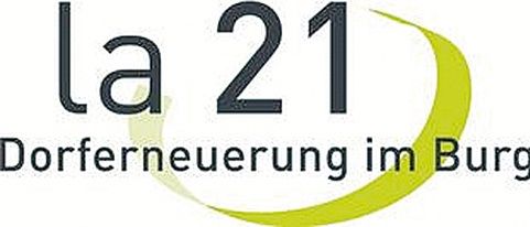 Das Logo für 'la 21 Dorferneuerung im Burgenland' mit einer stilisierten 21 und einer grünen Kurve.