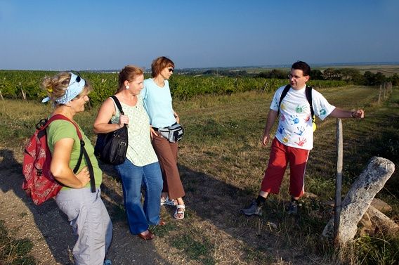 Fünf Erwachsene stehen in einem Feld, möglicherweise auf einer Tour, tragen verschiedene Kleidungsstücke und Accessoires. Sie schauen in verschiedene Richtungen.