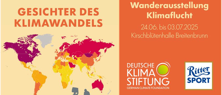 Plakat mit Weltkarte, die die Auswirkungen des Klimawandels auf eine Familie zeigt. Text: 'Wanderer des Klimawandels.'