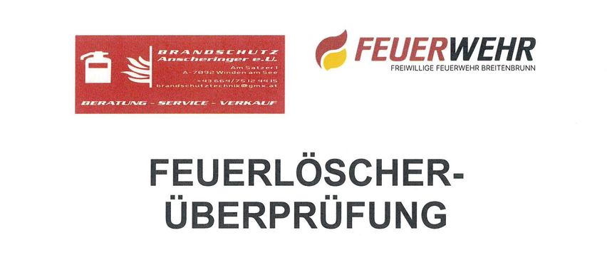 Eine Anzeige für Feuerlöscherüberprüfungen am Freitag, 24. Oktober 2025, von 15:00 bis 18:00 Uhr im Feuerwehrhaus Breitenbrunn. Gesetzliche Überprüfung von Feuerlöschern alle 2 Jahre durch zertifizierte Experten. Beratung und Kauf neuer Feuerlöscher ebenfalls möglich. Gebühr pro Gerät: 10,00 €.